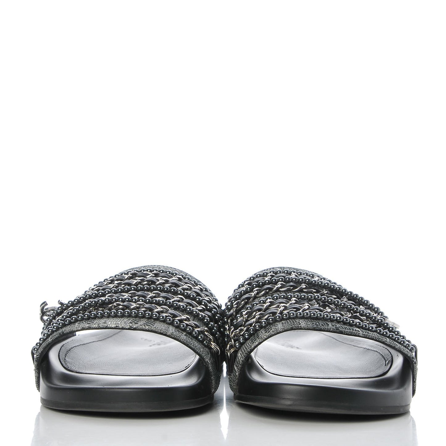 Fantasy Lambskin Pearl Chain Flat Sandals 40 Silver Black