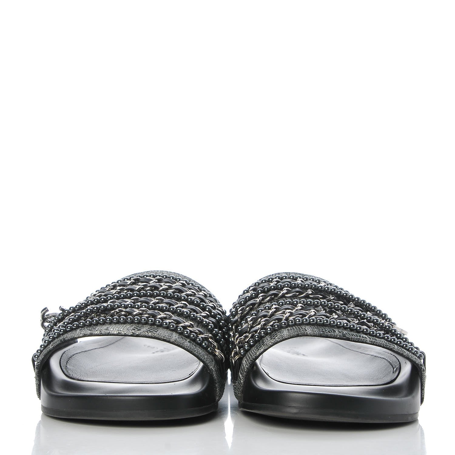 Chanel Fantasy Lambskin Pearl Chain Flat Sandals 40 Silver Black 2 of 9