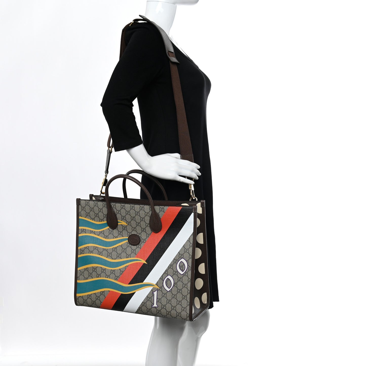GG Supreme Monogram Textured Dollar Calfskin Equestrian Medium Retro Interlocking G Tote Bag Beige Ebony Multicolor New Acero