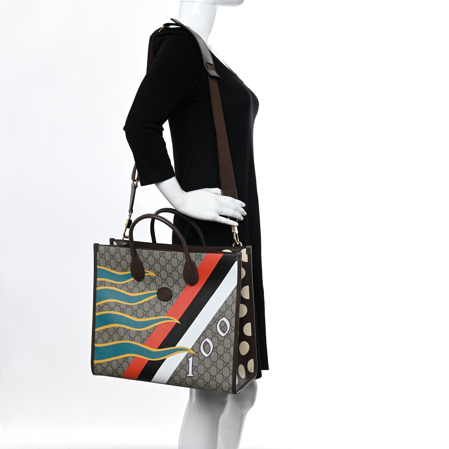 Gucci GG Supreme Monogram Textured Dollar Calfskin Equestrian Medium Retro Interlocking G Tote Bag Beige Ebony Multicolor New Acero 2 of 8