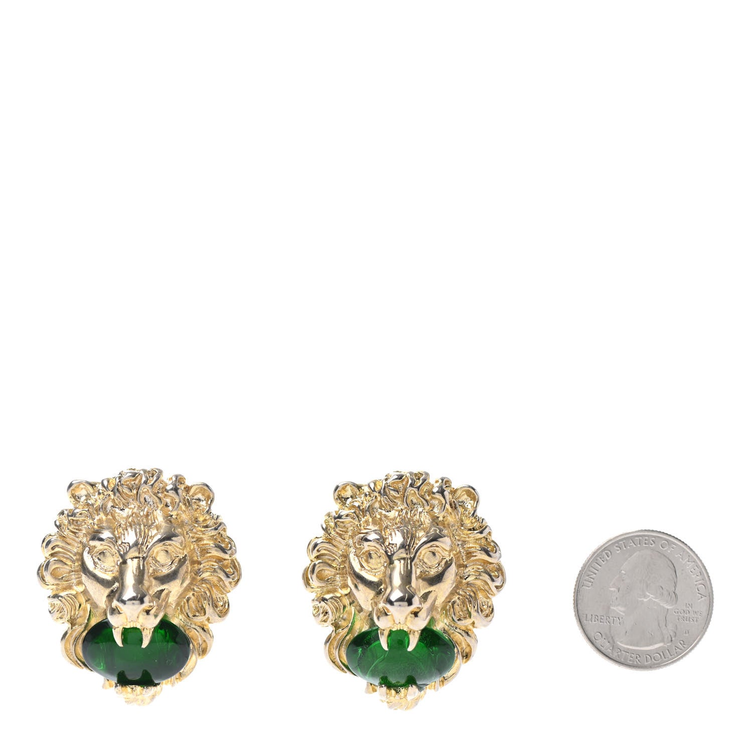 Gucci Crystal Lion Head Clip On Earrings Aged Gold Green 2 of 4