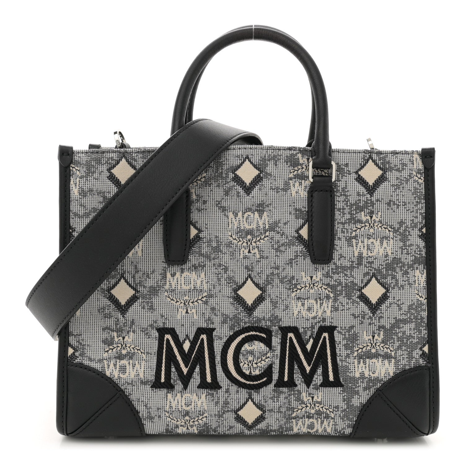 MCM Vintage Jacquard Monogram Small Munchen Tote Grey 1 of 10