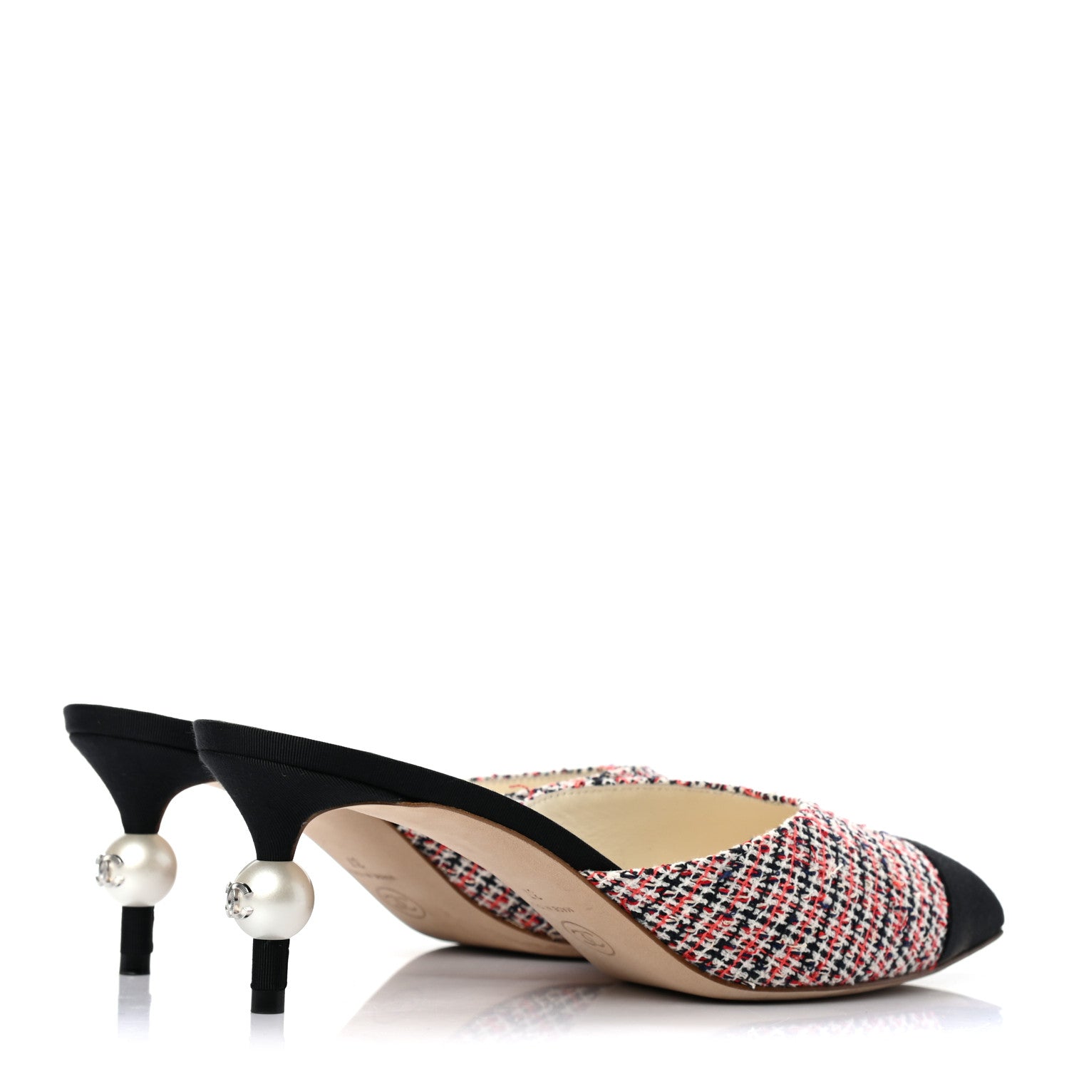 Chanel Tweed Grosgrain Pearl Cap Toe Mules 37 Black Red 4 of 9