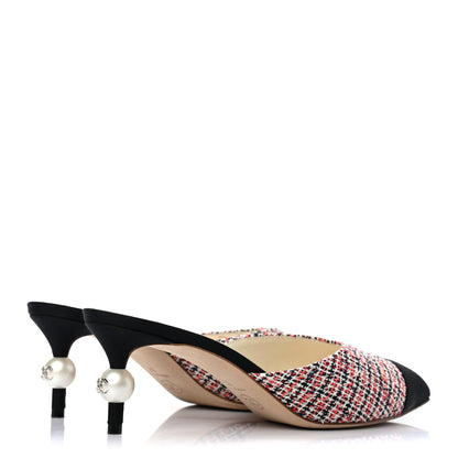 Chanel Tweed Grosgrain Pearl Cap Toe Mules 37 Black Red 4 of 9
