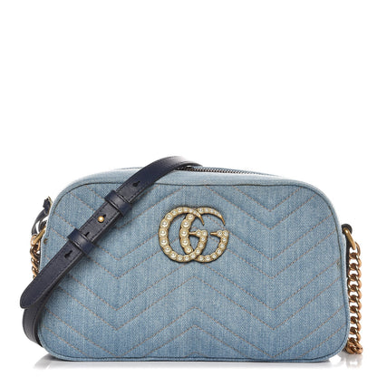 Gucci Denim Matelasse Small Pearly GG Marmont Chain Shoulder Bag Blue 1 of 10