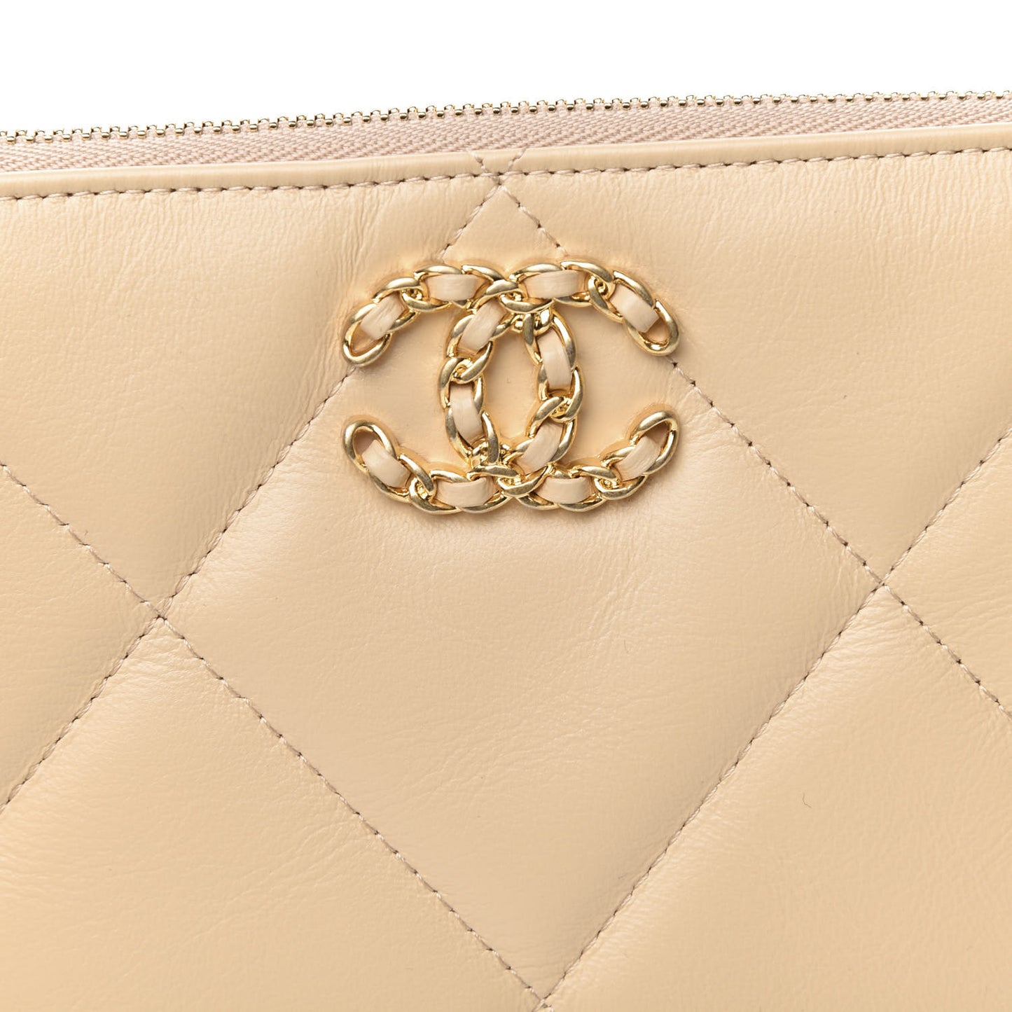 Shiny Goatskin Quilted 19 Small Pouch With Handle Beige