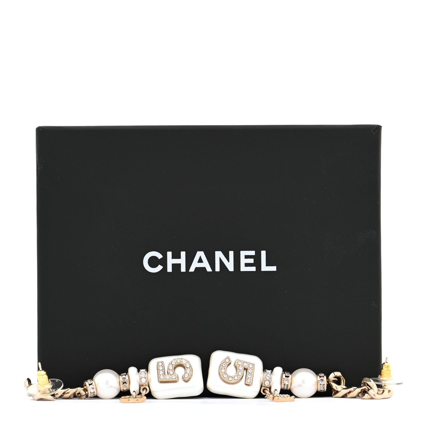 Pearl Resin Crystal CC No 5 Perfume Bottle Chain Drop Earrings Gold Pearly White
