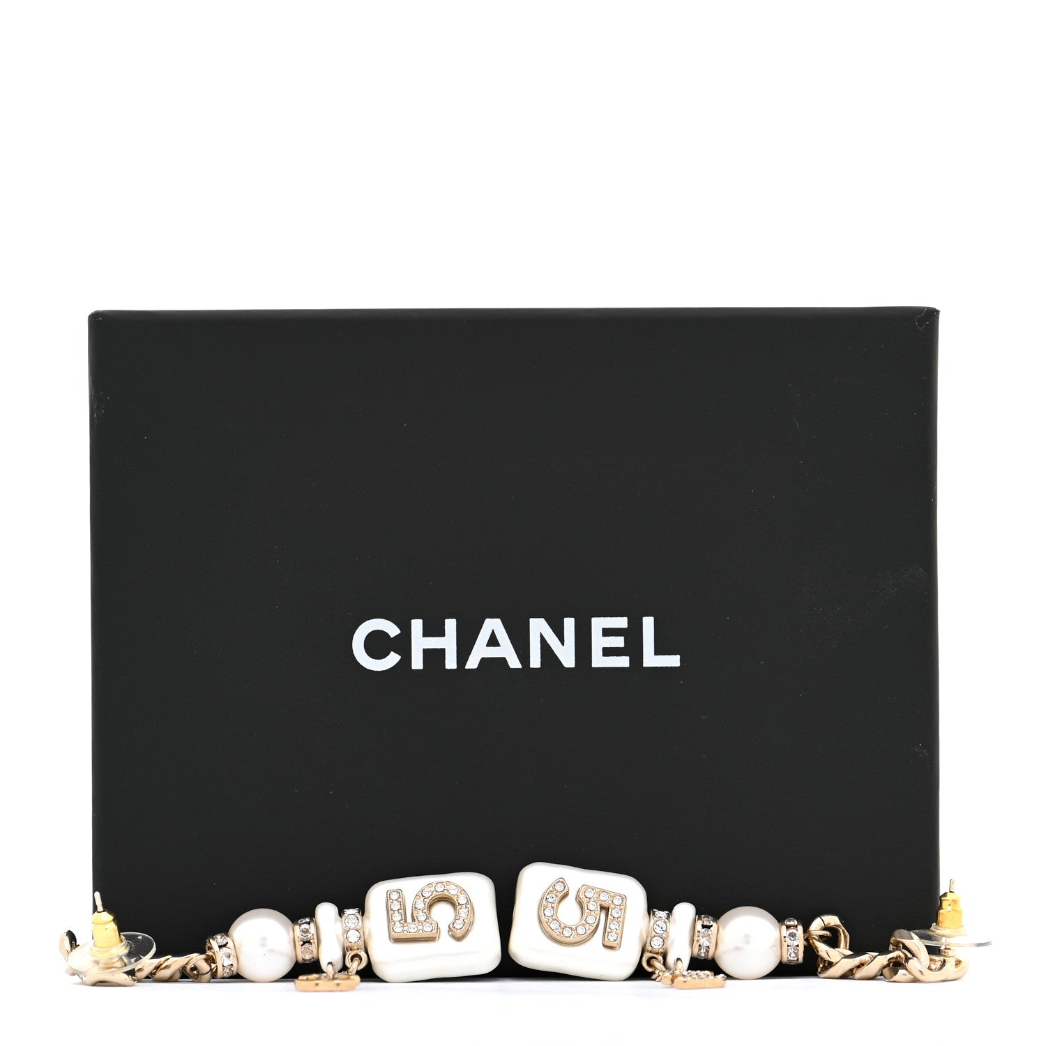 Chanel Pearl Resin Crystal CC No 5 Perfume Bottle Chain Drop Earrings Gold Pearly White 5 of 5