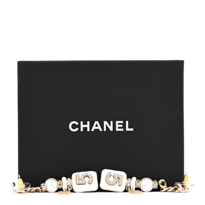 Chanel Pearl Resin Crystal CC No 5 Perfume Bottle Chain Drop Earrings Gold Pearly White 5 of 5