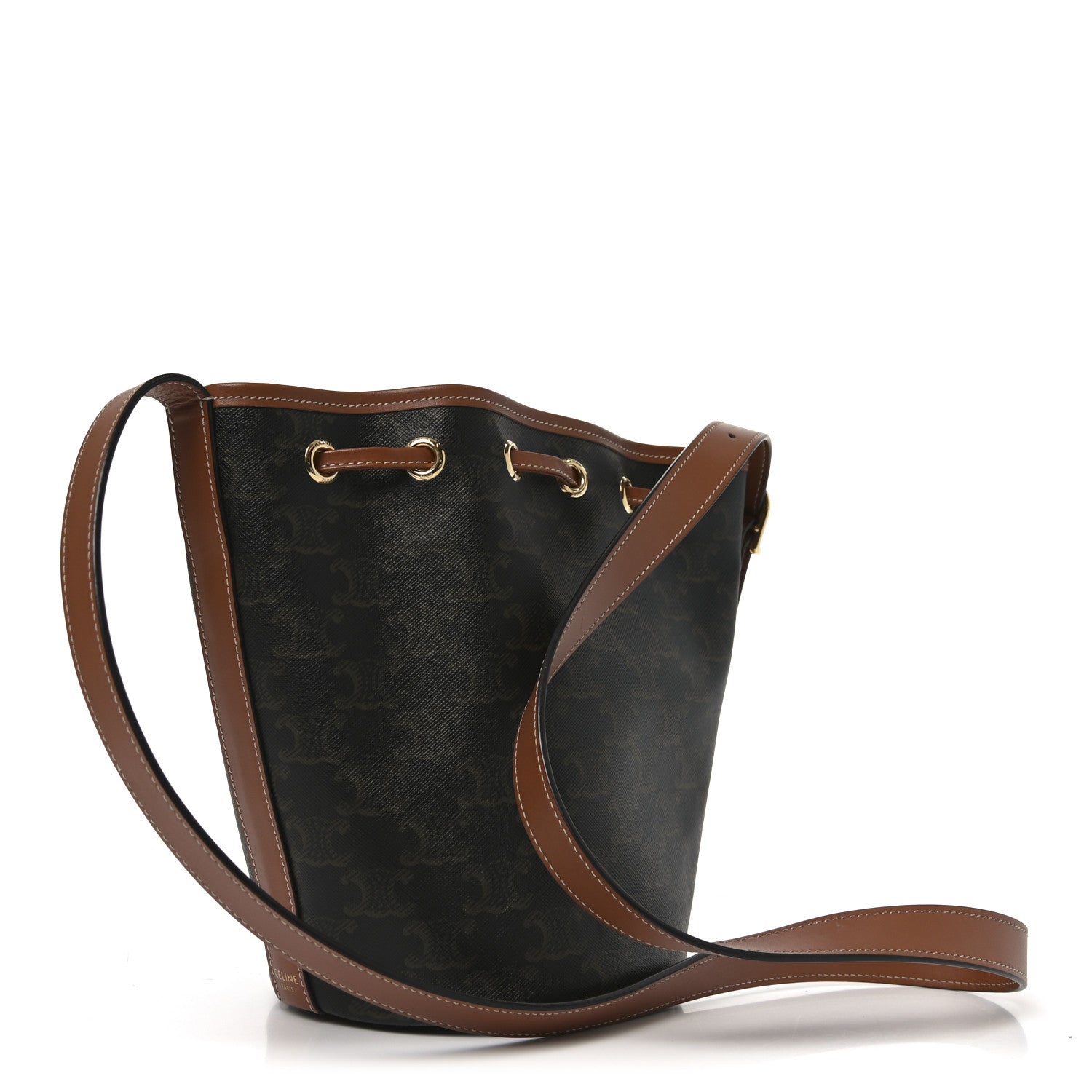 Celine Triomphe Canvas Calfskin Small Drawstring Bucket Bag Tan 3 of 10