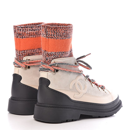 Chanel Calfskin Suede Knit CC High Top Lace Up Snow Boots 38.5 Orange Dark Grey Ivory 4 of 15