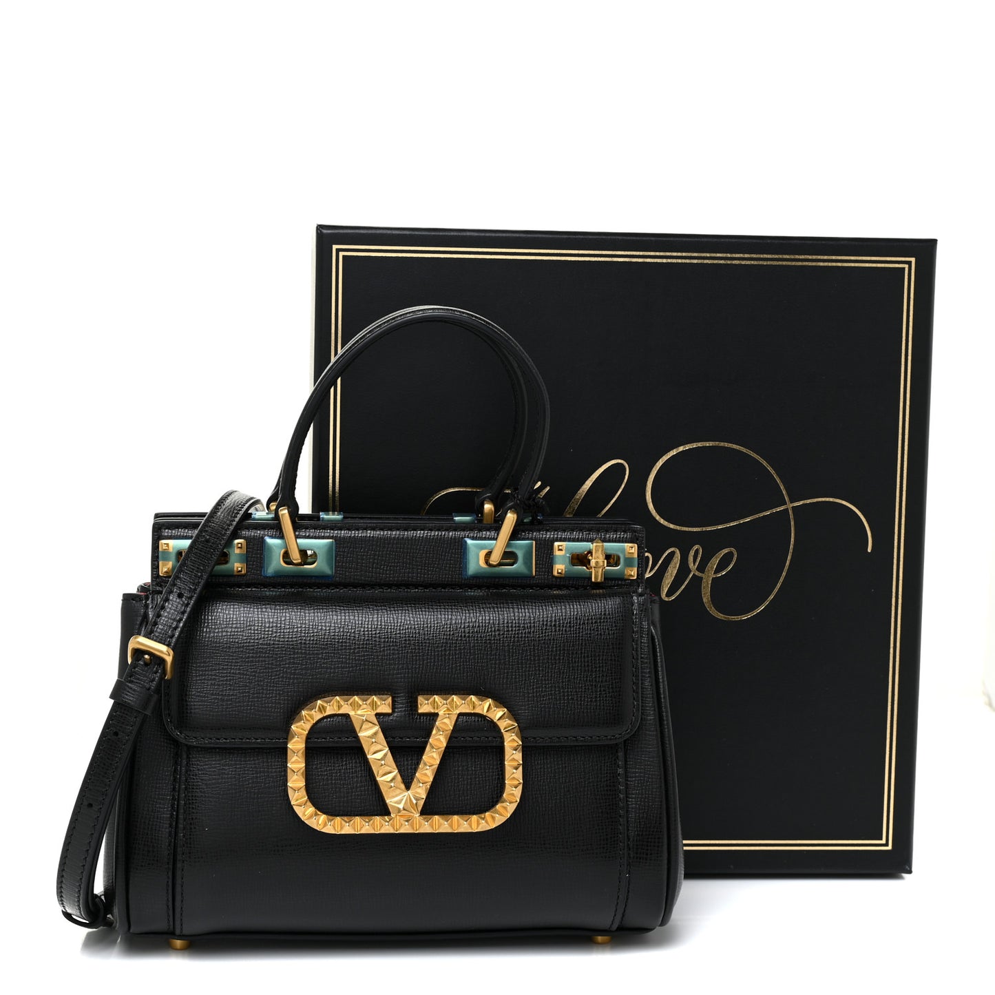 Grainy Calfskin Mini Rockstud Alcove Top-Handle Bag Black