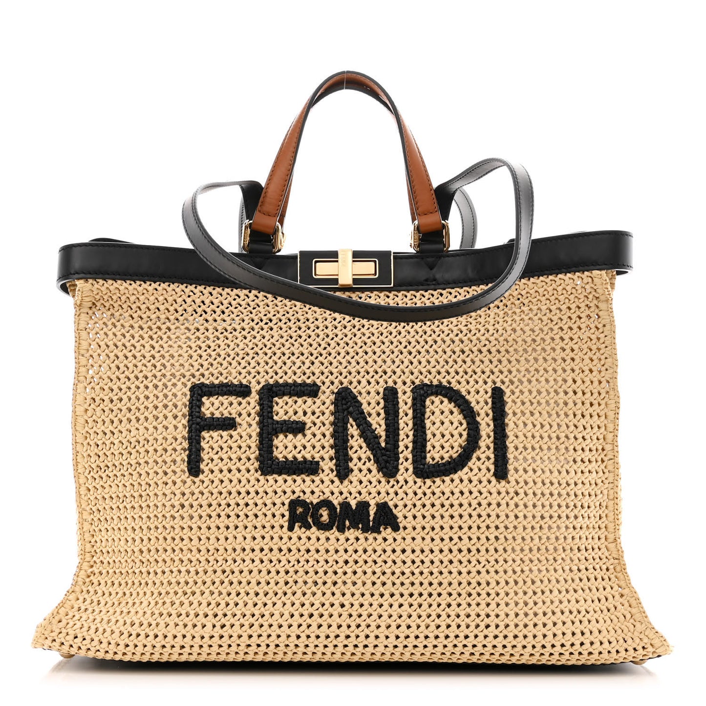 Raffia Vitello King Macrame Mesh Medium Peekaboo X-Tote Natural Black Cuoio