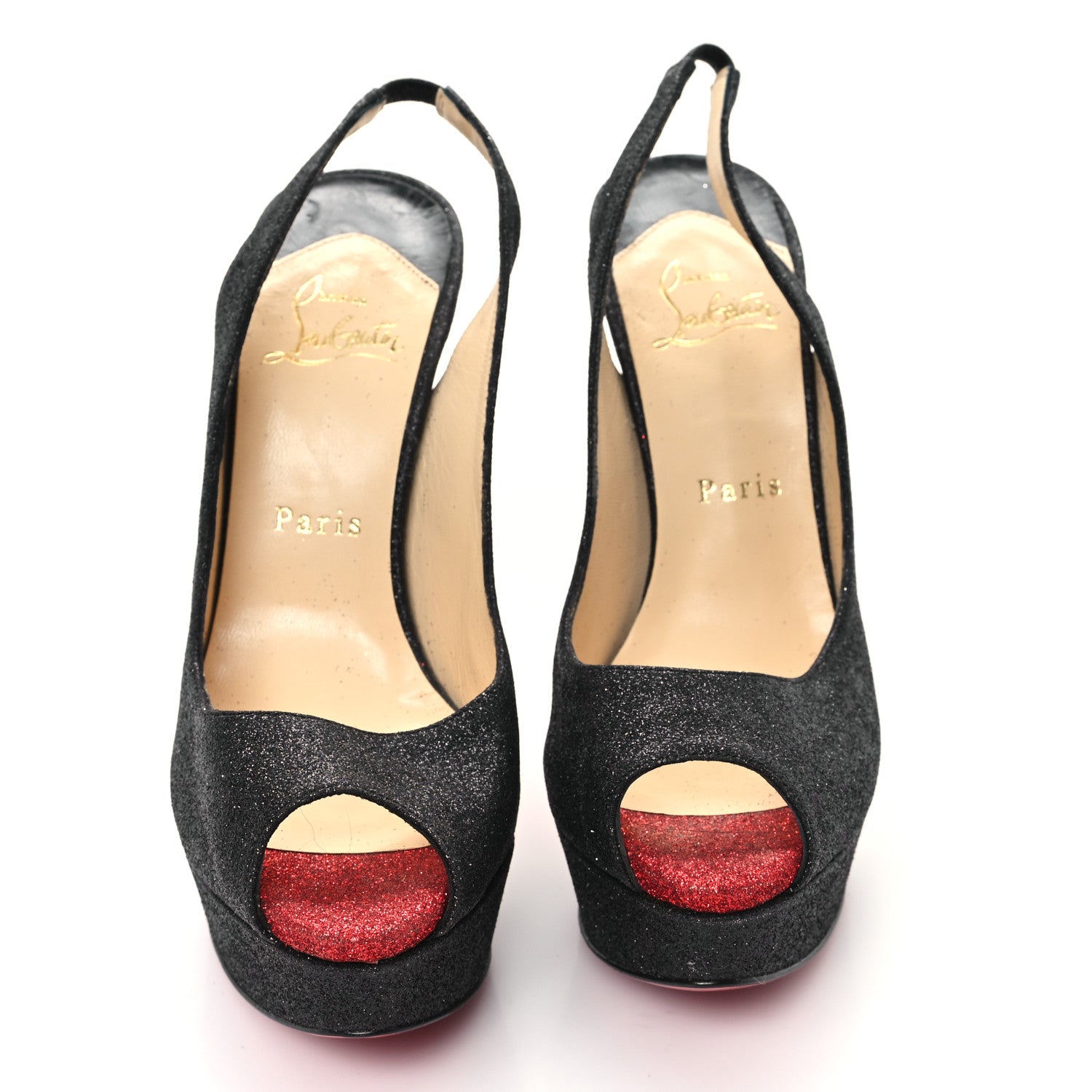 Christian Louboutin Glitter Lady Peep Sling 150 Pumps 37.5 Black Red 3 of 8