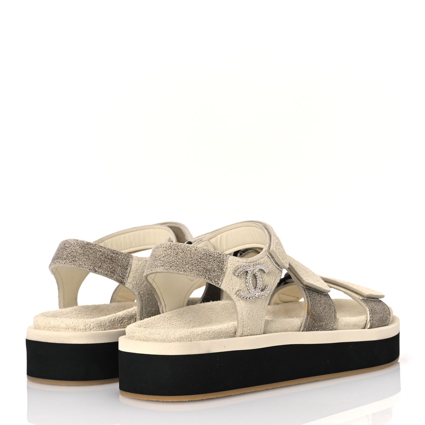 Suede Calfskin Velcro Flat Sandals 39 Ecru Dark Beige