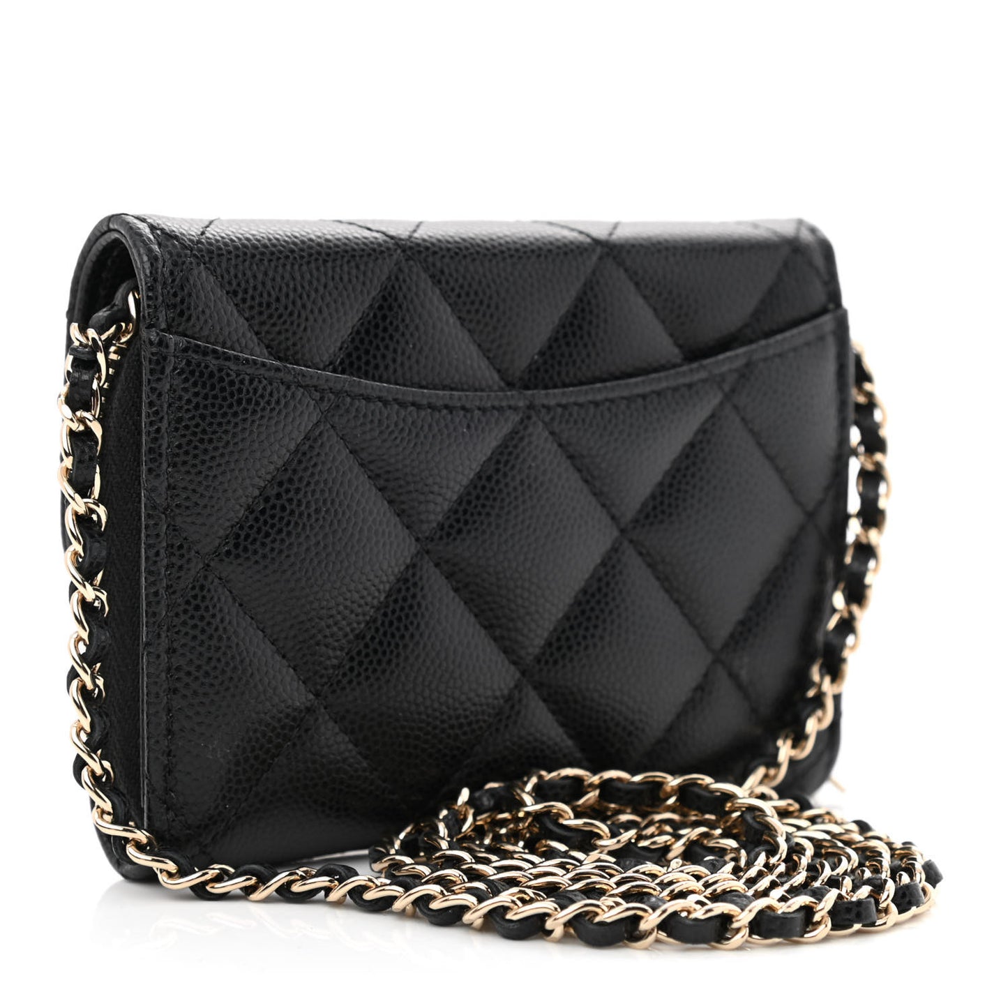 Caviar Quilted Flap Zip Card Holder On Chain Black