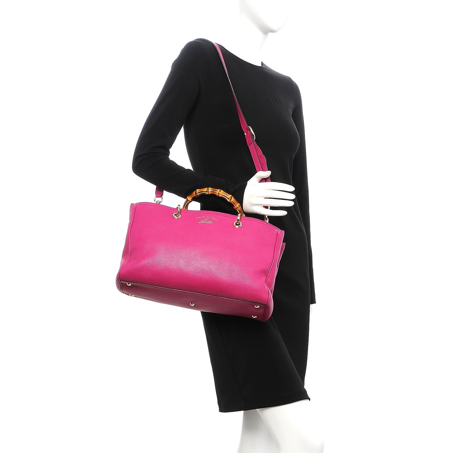 Gucci Pebbled Calfskin Medium Bamboo Shopper Tote Bright Bougainvillea 2 of 19