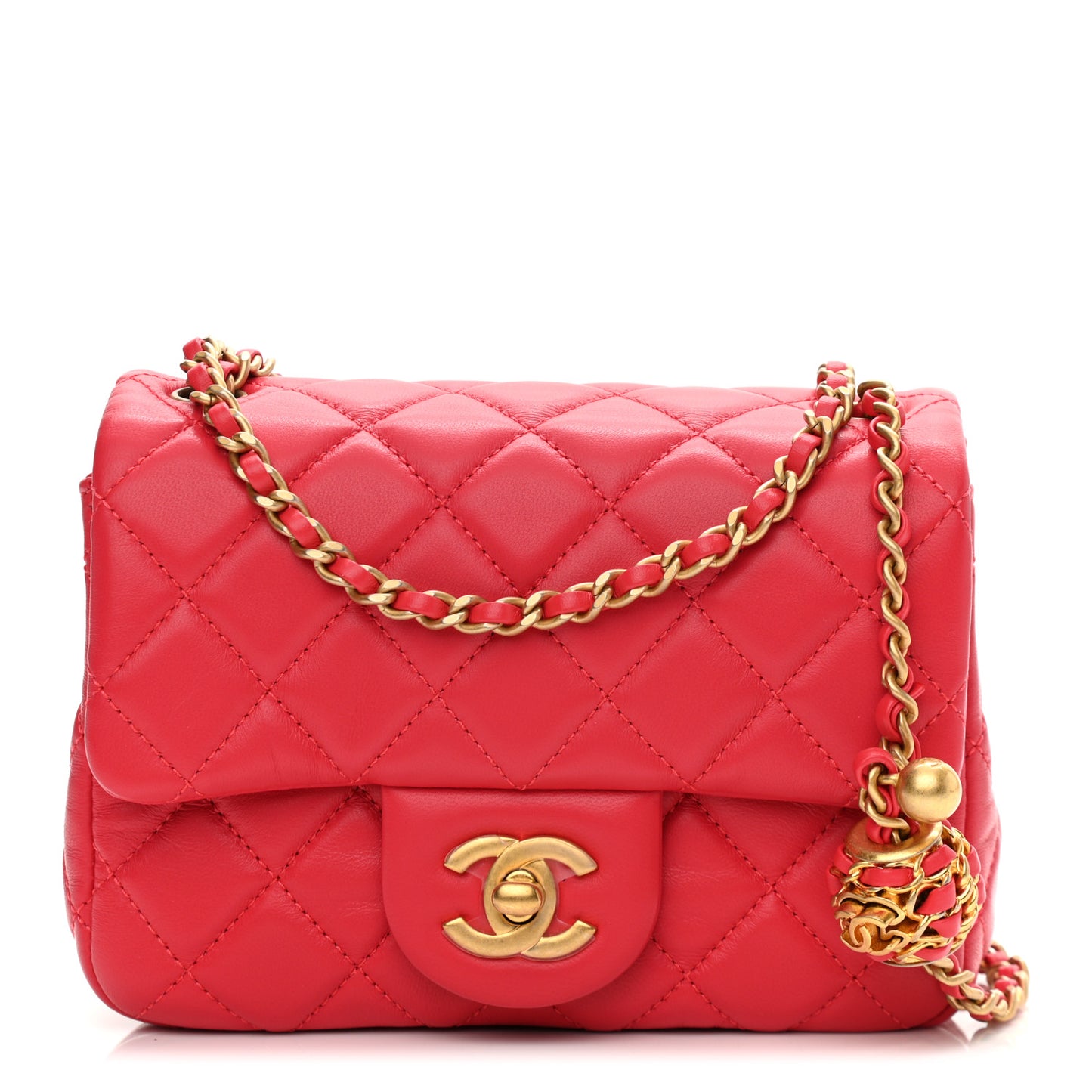 Lambskin Quilted Mini Pearl Crush Flap Red