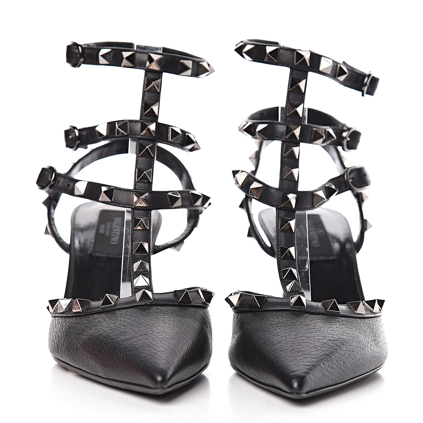 Pebbled Calfskin Rockstud Ankle Strap 65mm Pumps 37 Black
