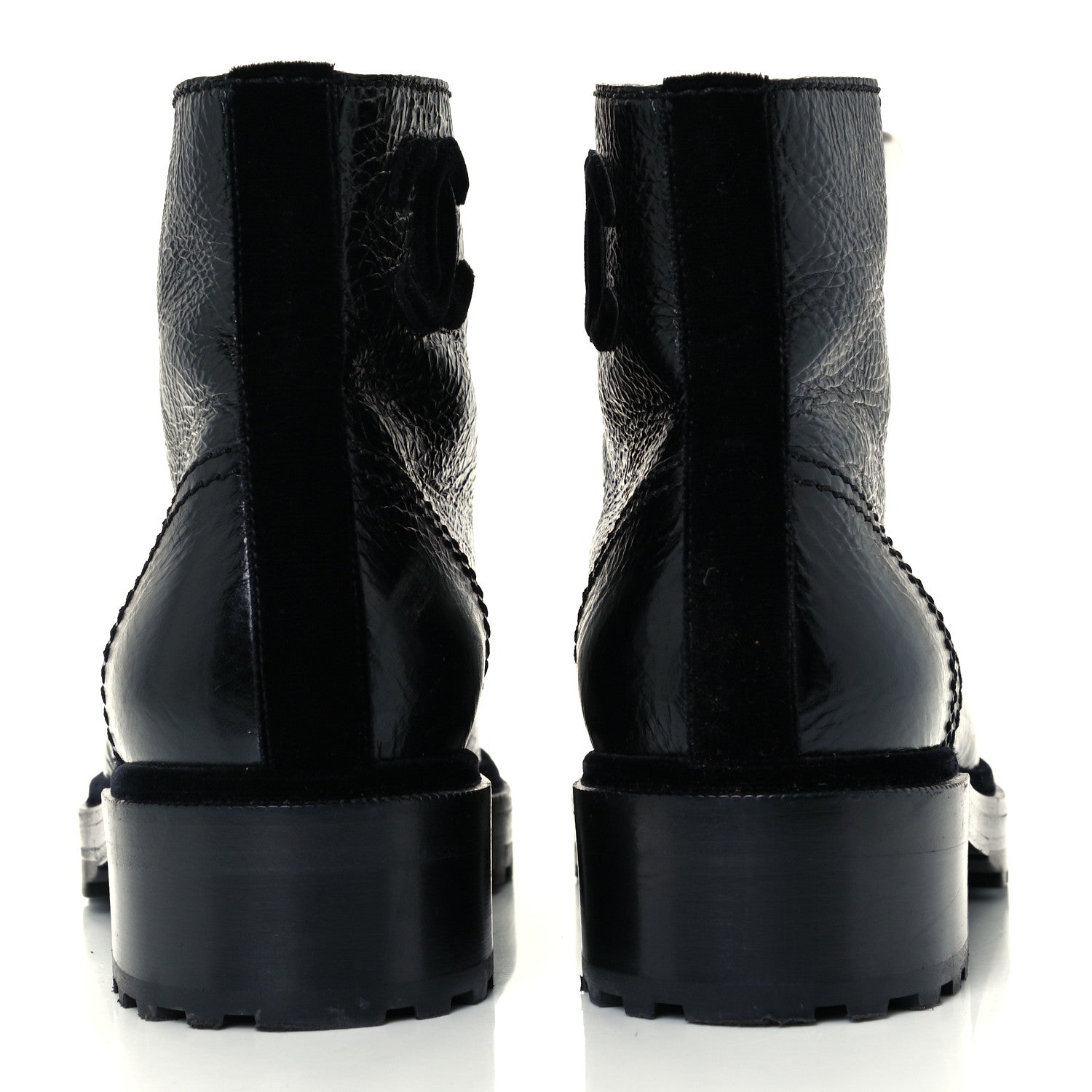 Chanel Shiny Calfskin Velvet Pearl Combat Short Boots 39 Black 6 of 10