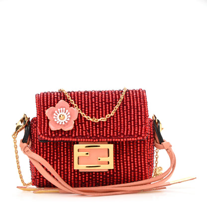 Fendi Enamel Nappa Beaded Flower Embroidered Pico Baguette Charm Rosso Albicocca 1 of 9