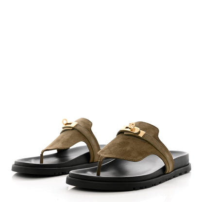 Hermes Suede Goatskin Womens Empire Sandals 37 Vert Toundra 3 of 10