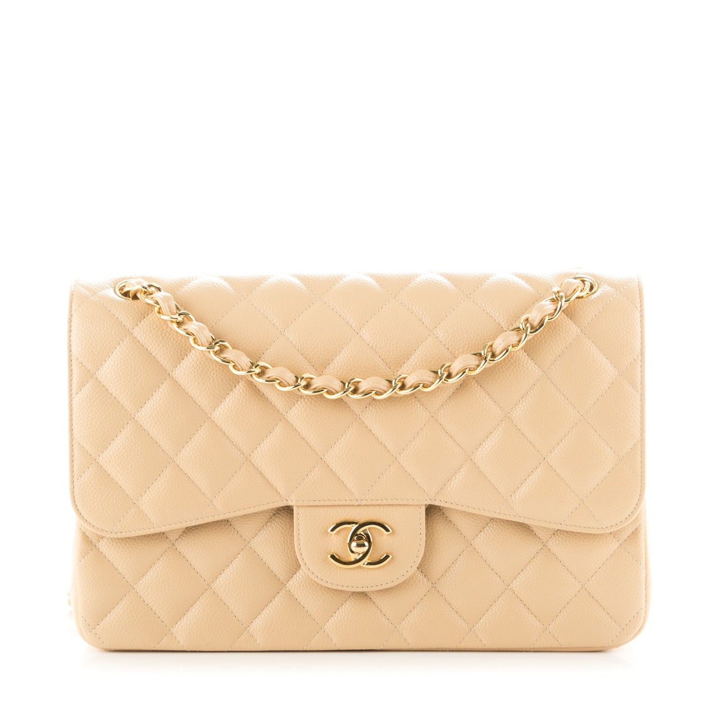 Caviar Quilted Jumbo Double Flap Beige Clair