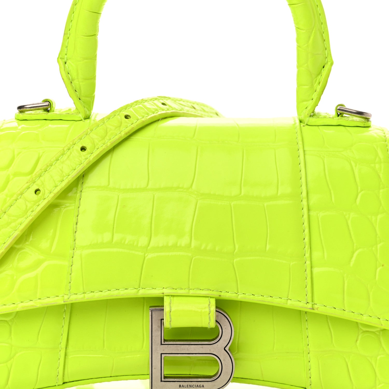 Balenciaga Shiny Calfskin Crocodile Embossed Hourglass Top Handle Bag XS Fluo Yellow 17 of 20