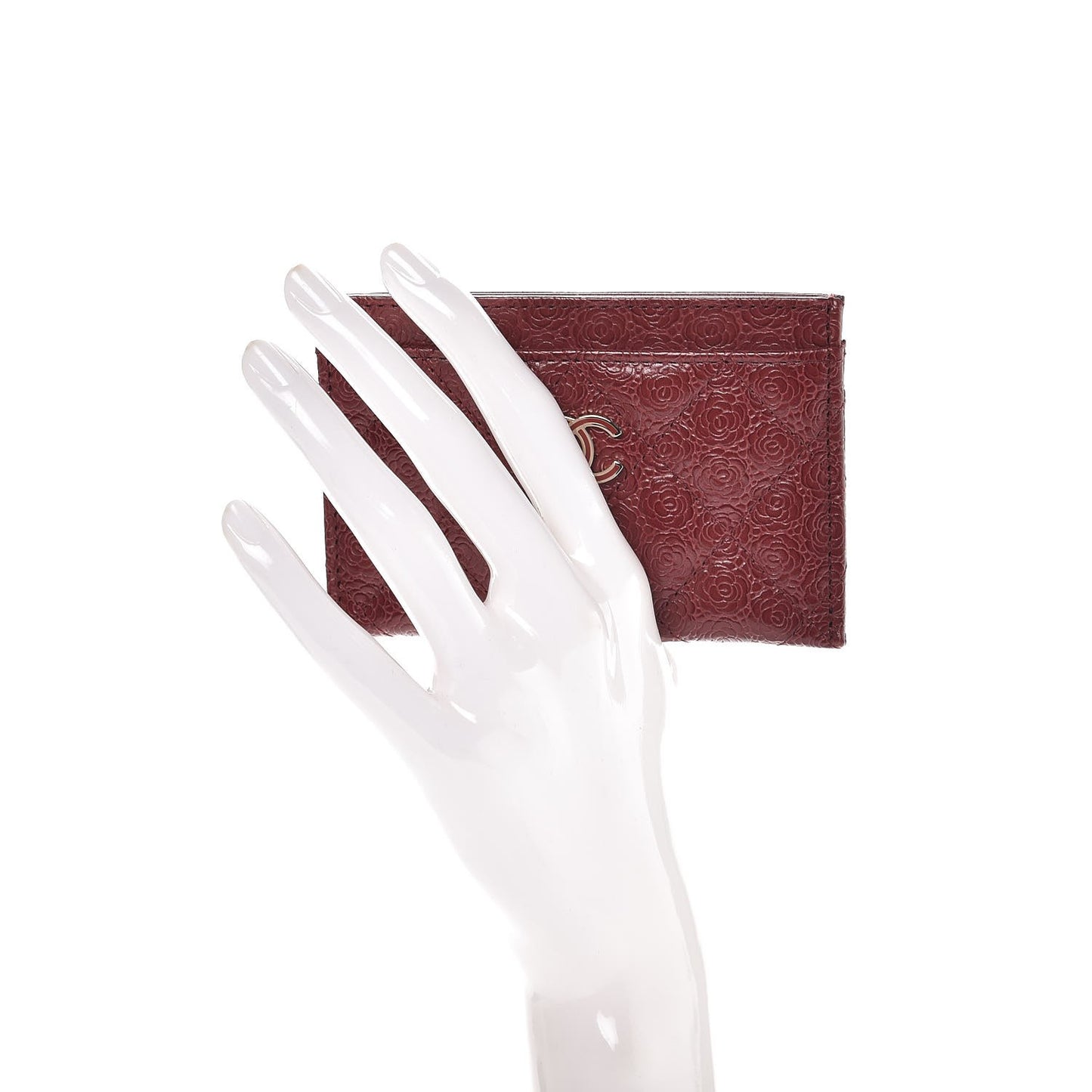 Camellia Calfskin Embossed Quilted Card Holder Burgundy
