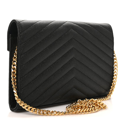 Saint Laurent Grain De Poudre Matelasse Chevron Monogram Chain Wallet Black 3 of 9