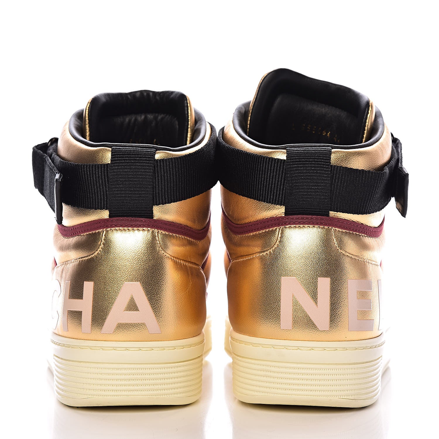 Chanel Metallic Satin Lambskin Mens Logo High Top Sneakers 44 Gold Burgundy 5 of 14