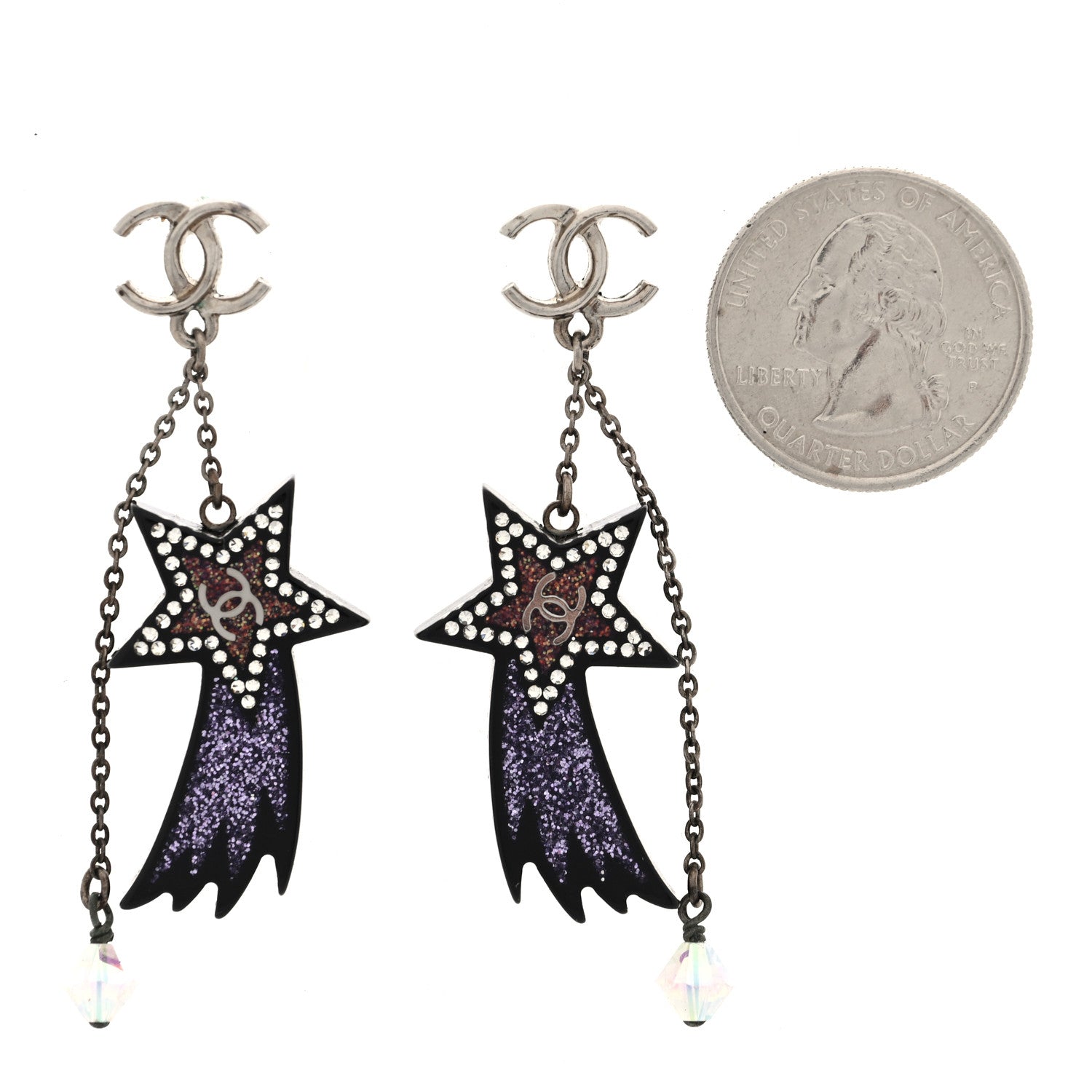 Chanel Resin Crystal CC Shooting Star Dangle Earrings Silver Purple 2 of 4