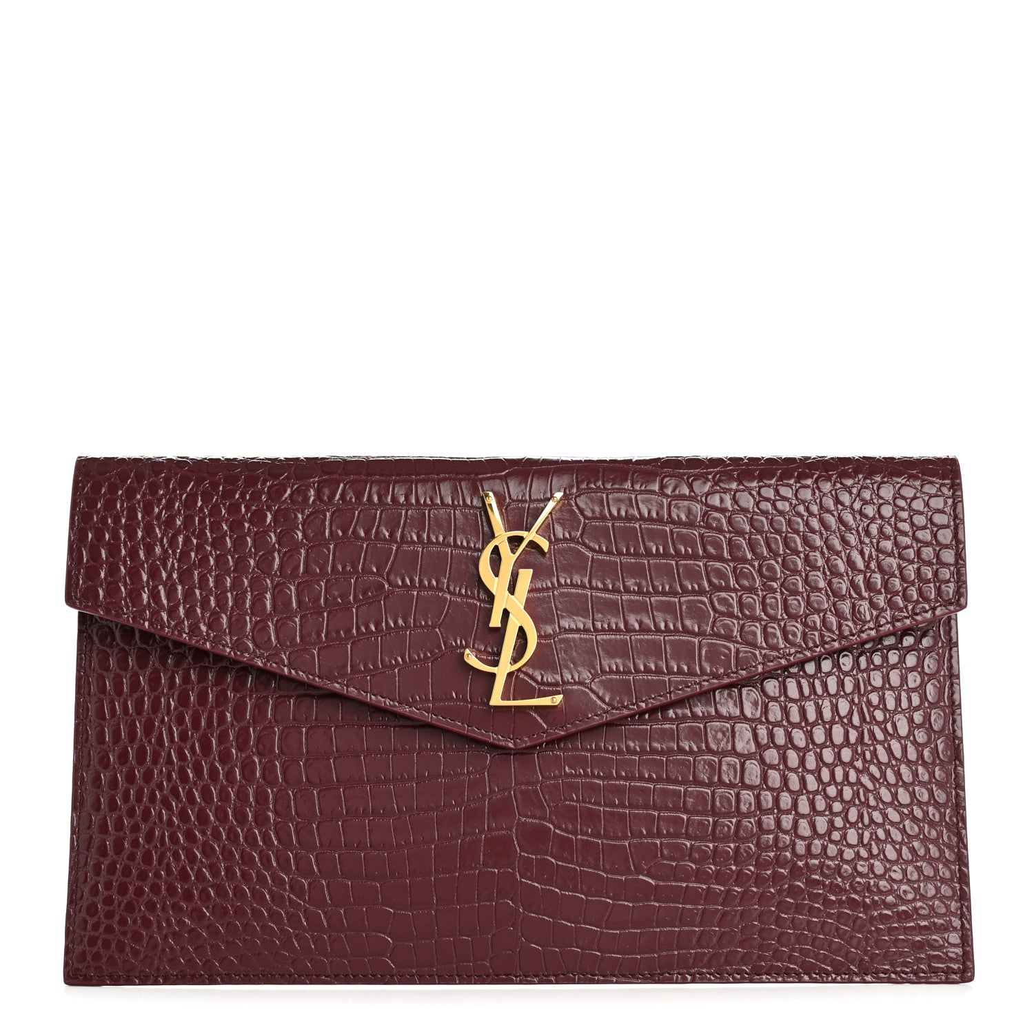 Saint Laurent Calfskin Crocodile Embossed Uptown Monogram Clutch Rouge Legion Rouge Legion 1 of 8