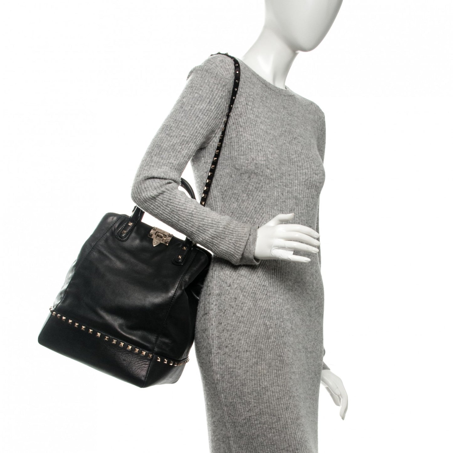 Calfskin Rockstud New Dome Bucket Tote Black