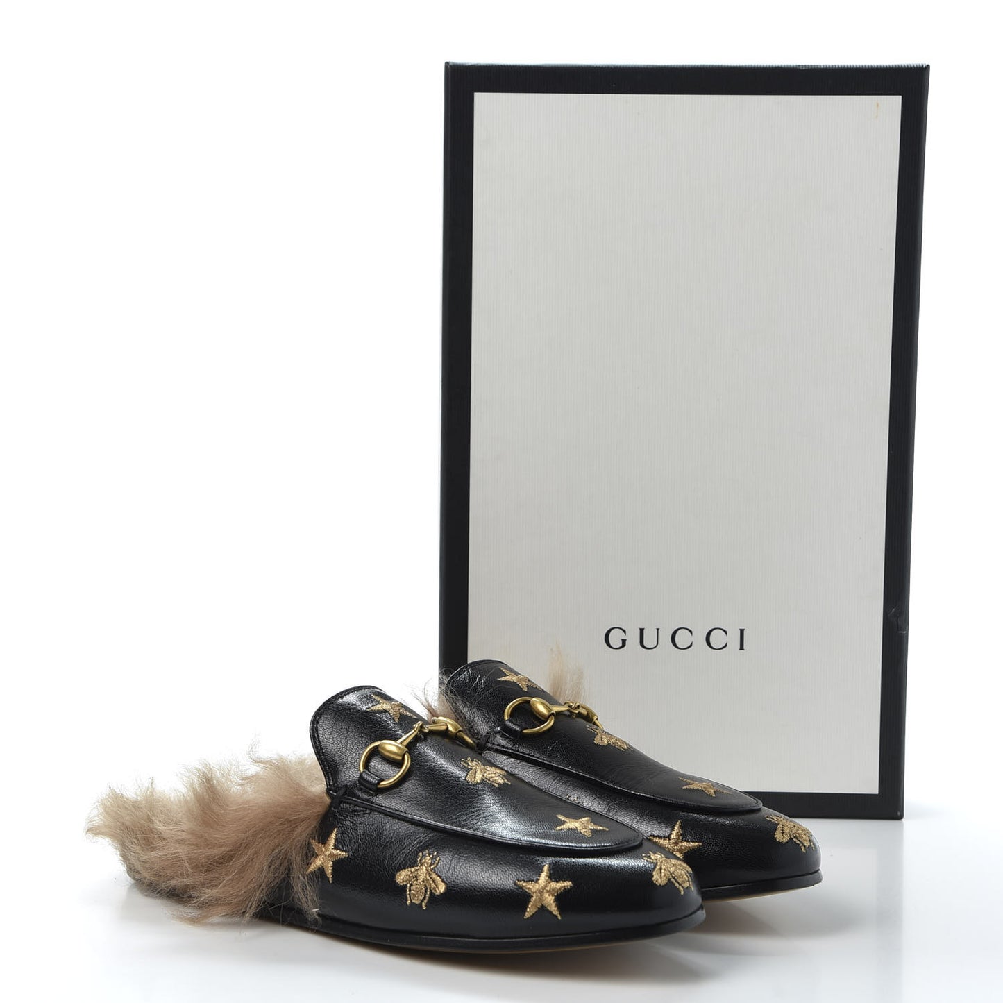 Goatskin Fur Bee Star Embroidered Womens Princetown Slippers 36.5 Black