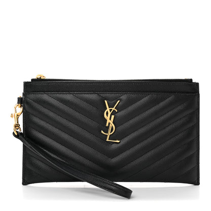 Saint Laurent Grain De Poudre Chevron Monogram Large Bill Pouch Black 1 of 10