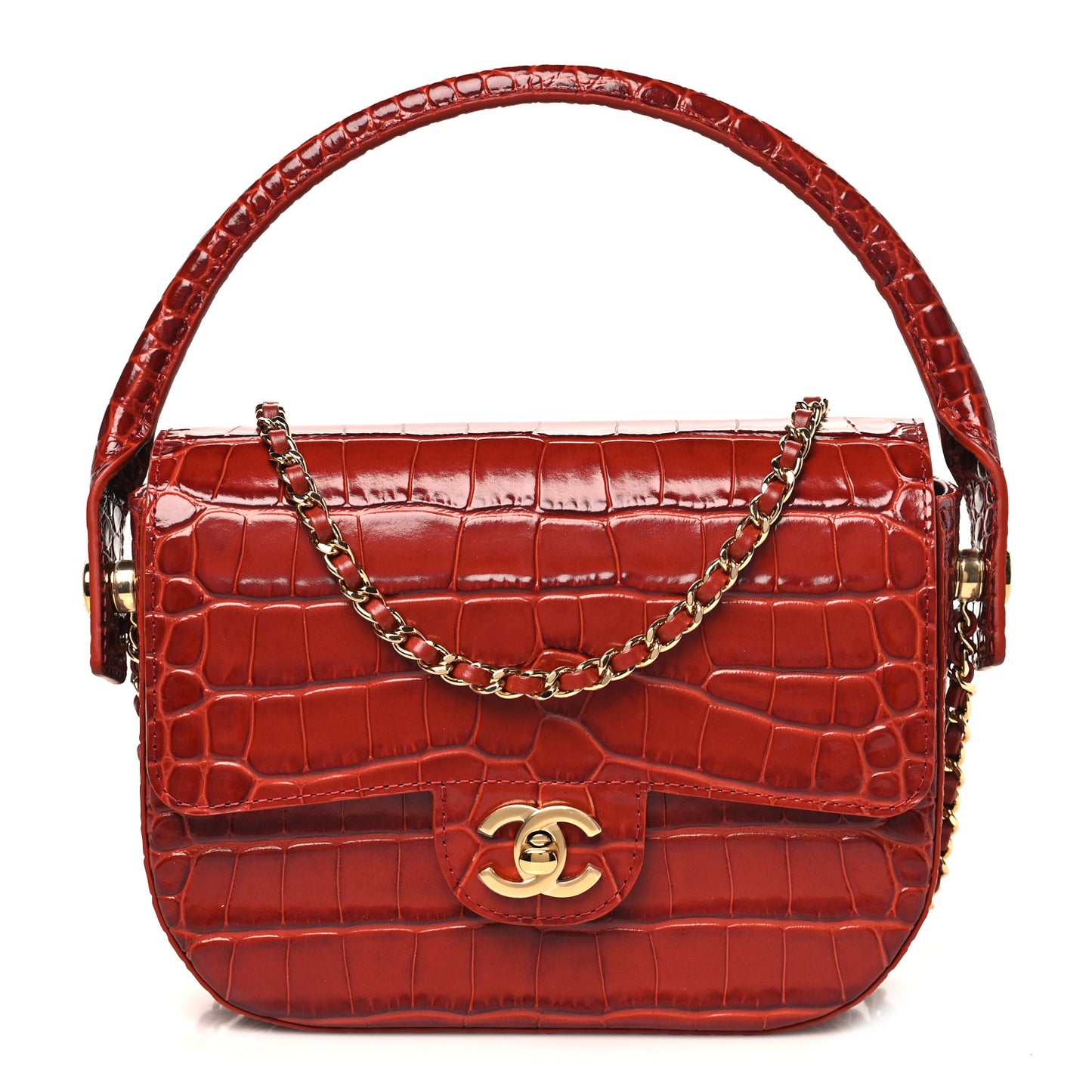 Calfskin Crocodile Embossed Turn Around Mini Flap Burgundy