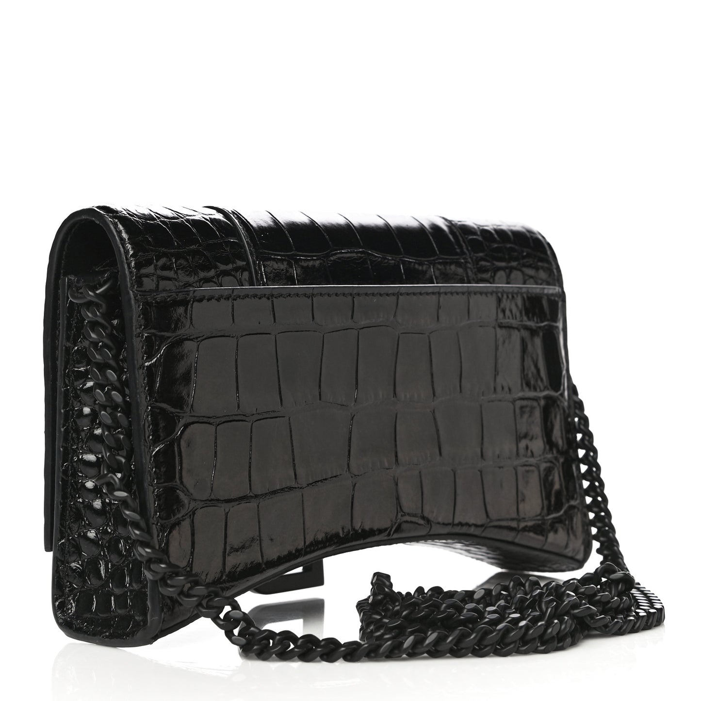 Shiny Calfskin Monochrome Crocodile Embossed Hourglass Chain Bag Black