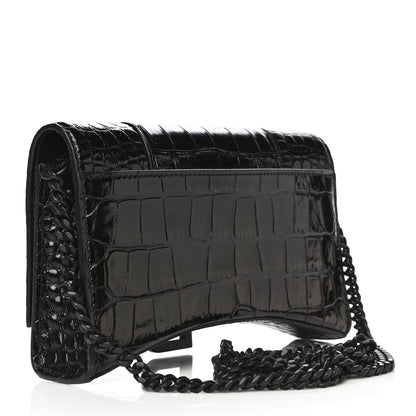 Balenciaga Shiny Calfskin Monochrome Crocodile Embossed Hourglass Chain Bag Black 2 of 15