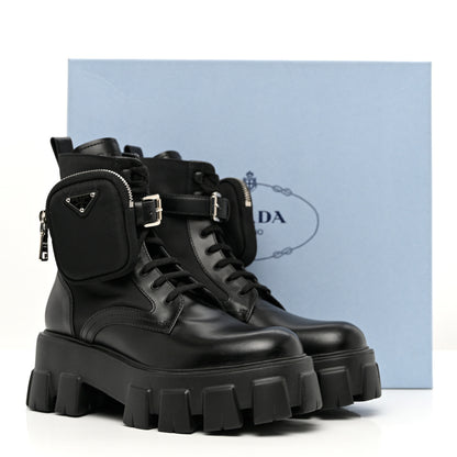 Prada Spazzolato Rois Re-Nylon Metal Triangle Logo Monolith Pouch Pocket 55mm Boots 38 Black 10 of 10