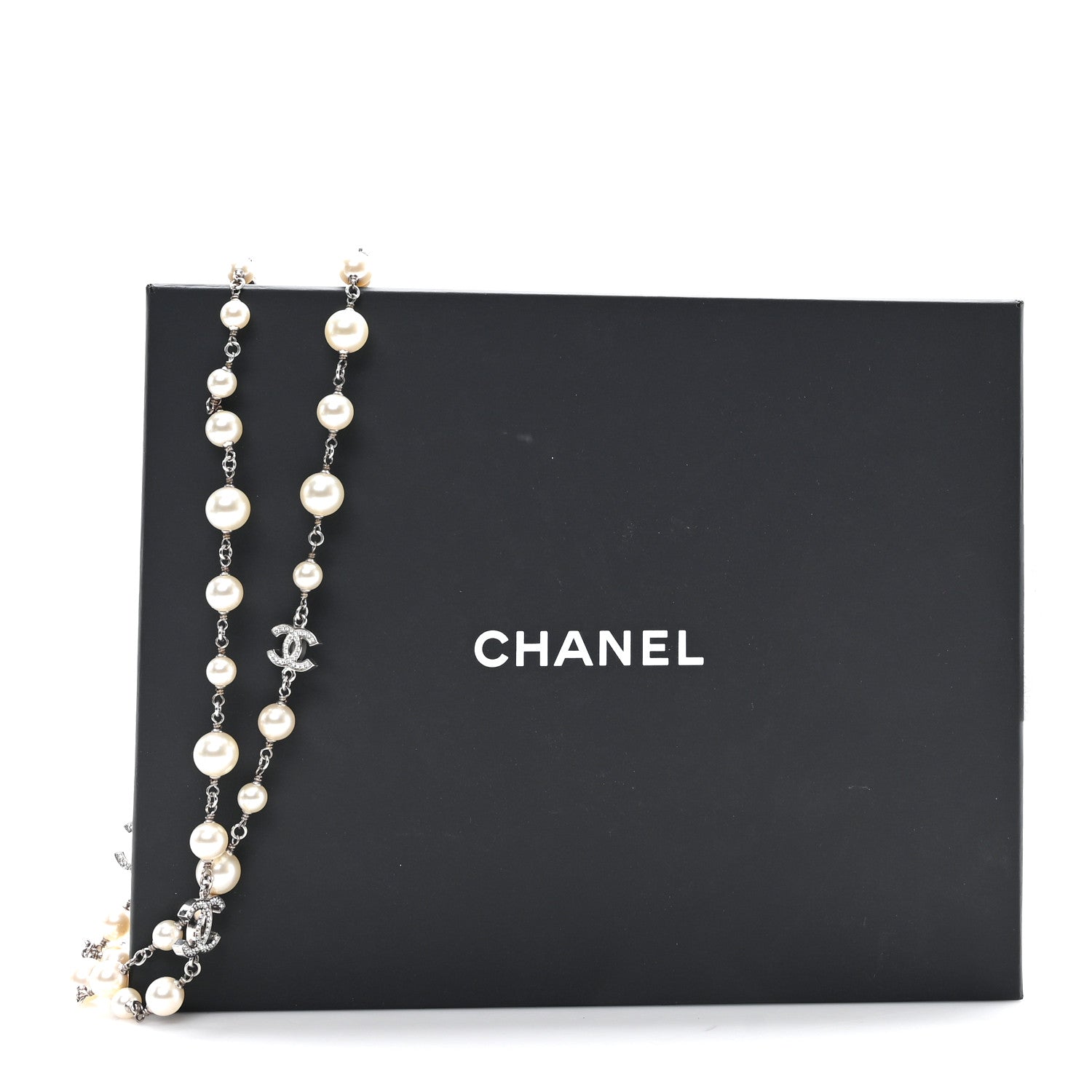 Chanel Crystal Pearl CC Long Necklace Silver 5 of 6