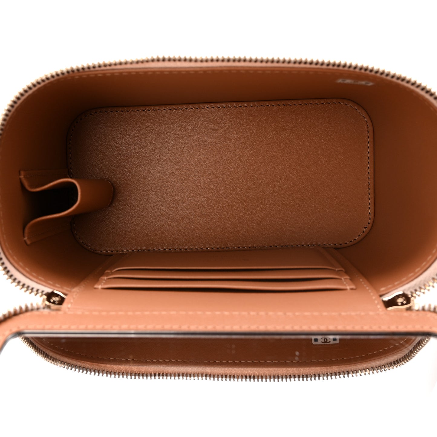 Lambskin Quilted Small Top Handle Vanity Case With Chain Ecru Dark Beige