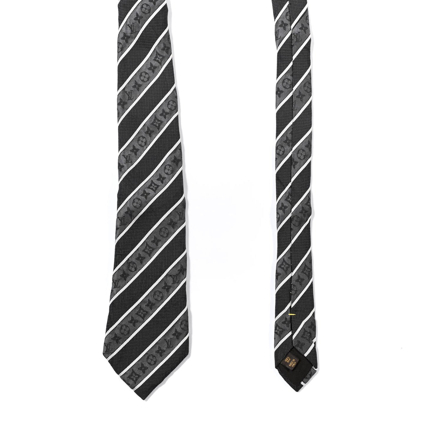 Silk Jacquard Monogram Mens Striped Neck Tie Grey Black