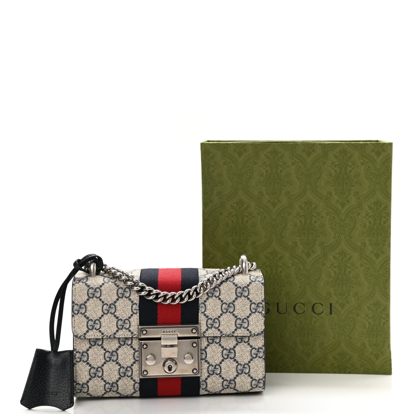 GG Supreme Monogram Textured Dollar Calfskin Web Small Padlock Shoulder Bag Beige Blue