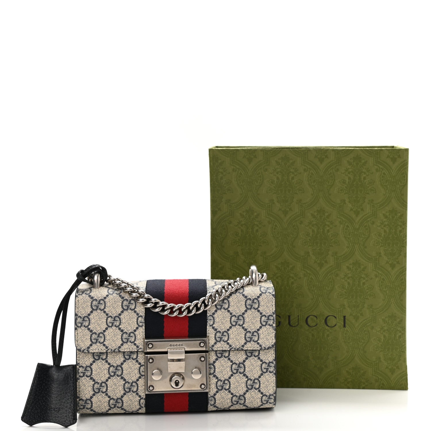 Gucci GG Supreme Monogram Textured Dollar Calfskin Web Small Padlock Shoulder Bag Beige Blue 9 of 9
