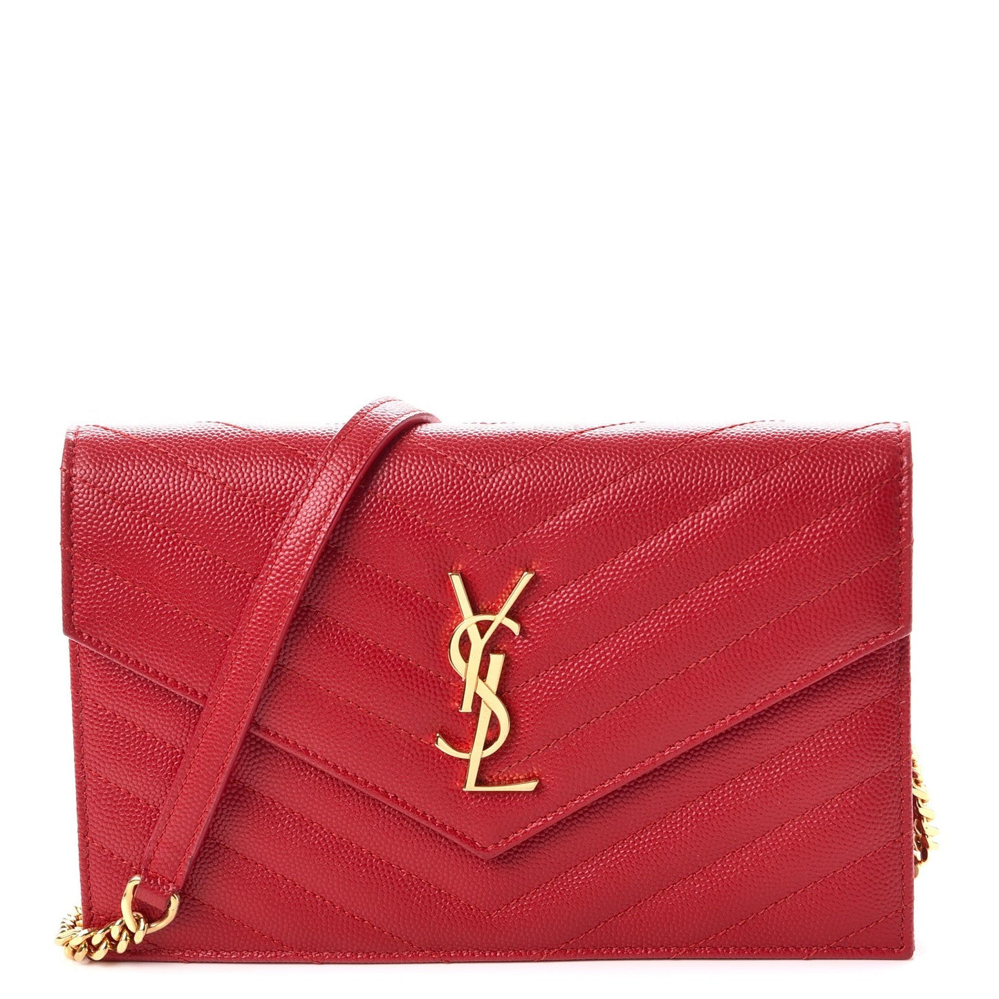 Grain De Poudre Matelasse Chevron Monogram Envelope Chain Wallet New Red