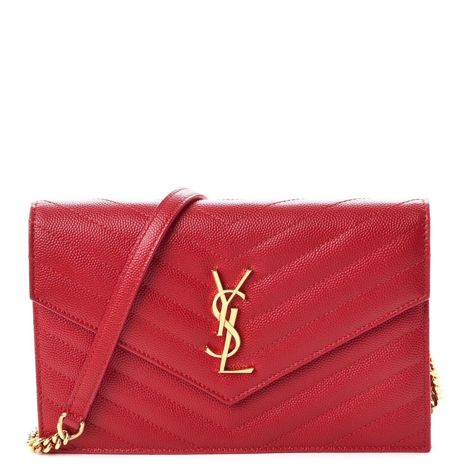 Saint Laurent Grain De Poudre Matelasse Chevron Monogram Envelope Chain Wallet New Red 1 of 9