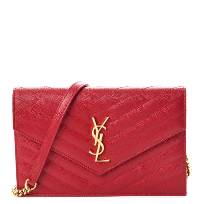 Saint Laurent Grain De Poudre Matelasse Chevron Monogram Envelope Chain Wallet New Red 1 of 9