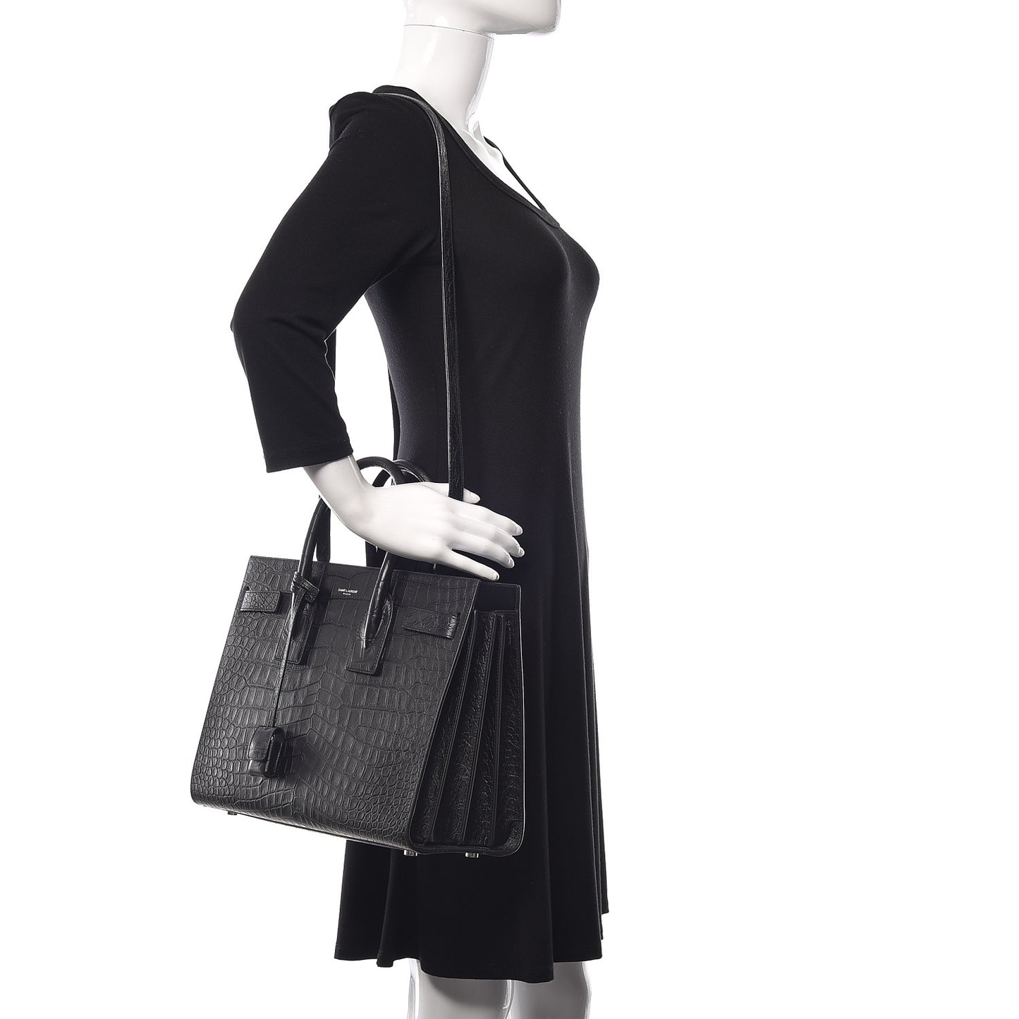 Calfskin Crocodile Embossed Small Sac de Jour Black