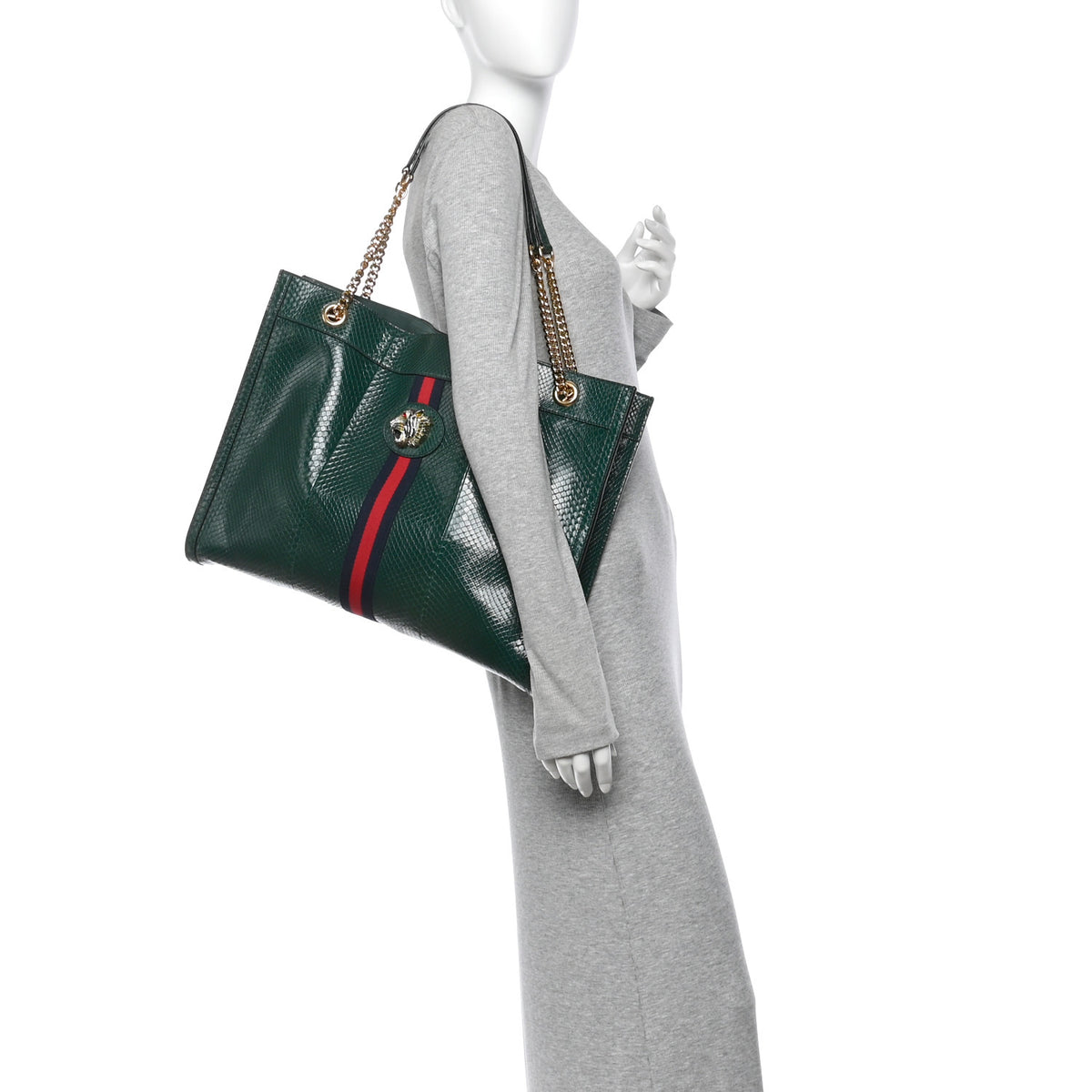 Gucci Snakeskin Large Rajah Chain Tote Green 2 of 11